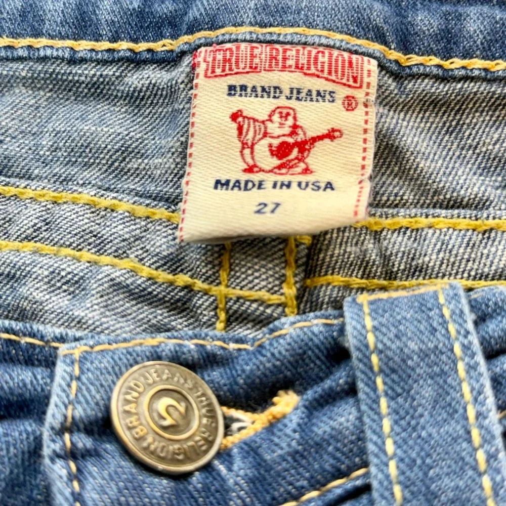 True Religion Joey Cut Off Denim Shorts Blue Mermaid Patch Size 27 Low Rise